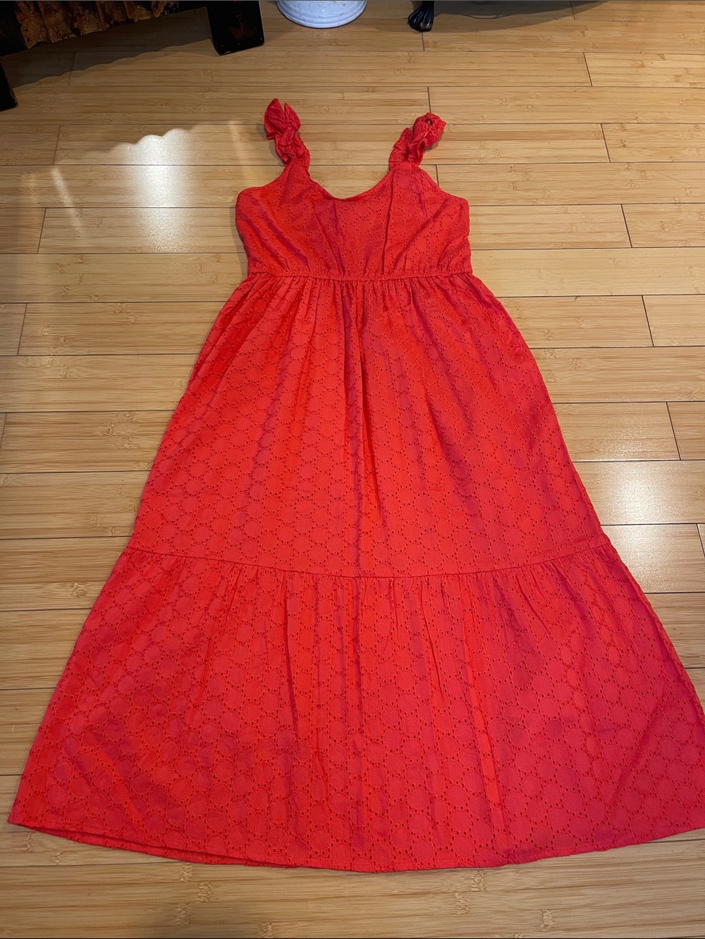 Women Jessica Simpson Bright Orange Red Eyelet Lined MIDI Strap Dress Size M